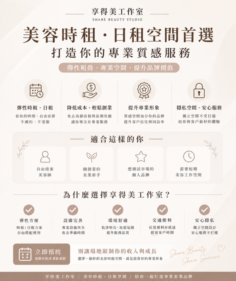 享得美工作室｜美容時租、日租空間首選，打造你的專業質感服務